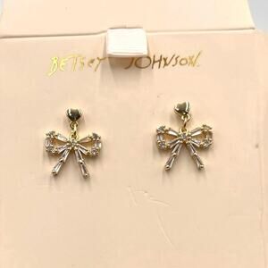 Betsey Johnson Gold Dainty Baguette Crystal Heart Bow Drop‎ Earrings New